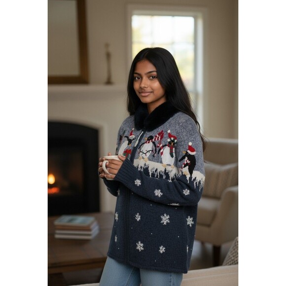 Vintage Tiara Sweater Women's Large Blue Penguins Winter Full Zip Cardigan - Picture 1 of 7